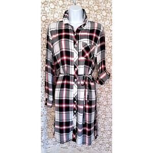 BLL nyc Shirt Dress Size M Button Up Red White Blue Plaid‎ Roll Tab Sleeve Tie